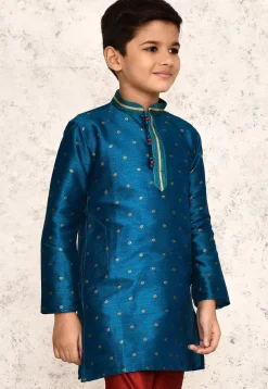 Woven Jute Silk Jacquard Kurta in Teal Blue