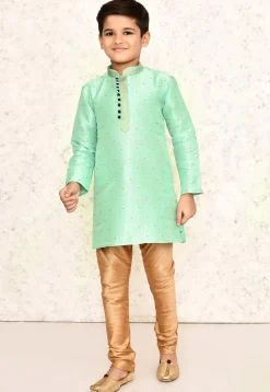 Woven Jute Silk Jacquard Kurta Set in Sea Green