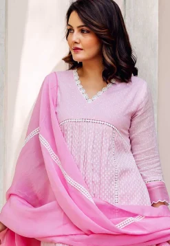 Woven Kota Doria Jacquard A Line Suit in Pink