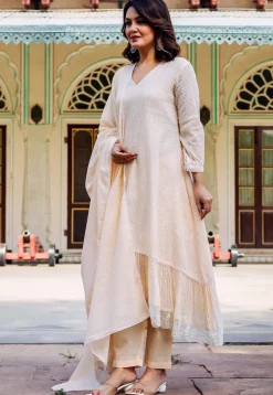 Woven Kota Doria Jacquard A Line Suit in Light Beige