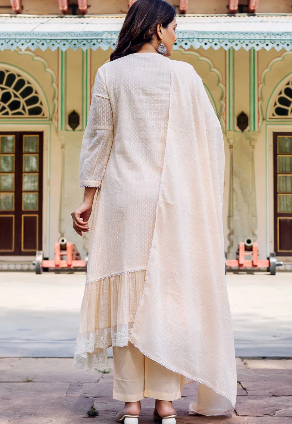 Woven Kota Doria Jacquard A Line Suit in Light Beige