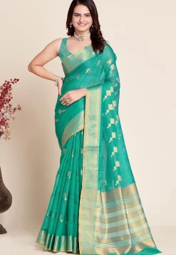 Woven Kota Doria Saree in Teal Green