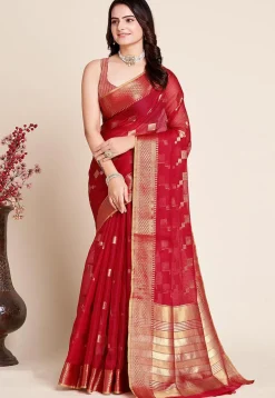 Woven Kota Doria Saree in Red
