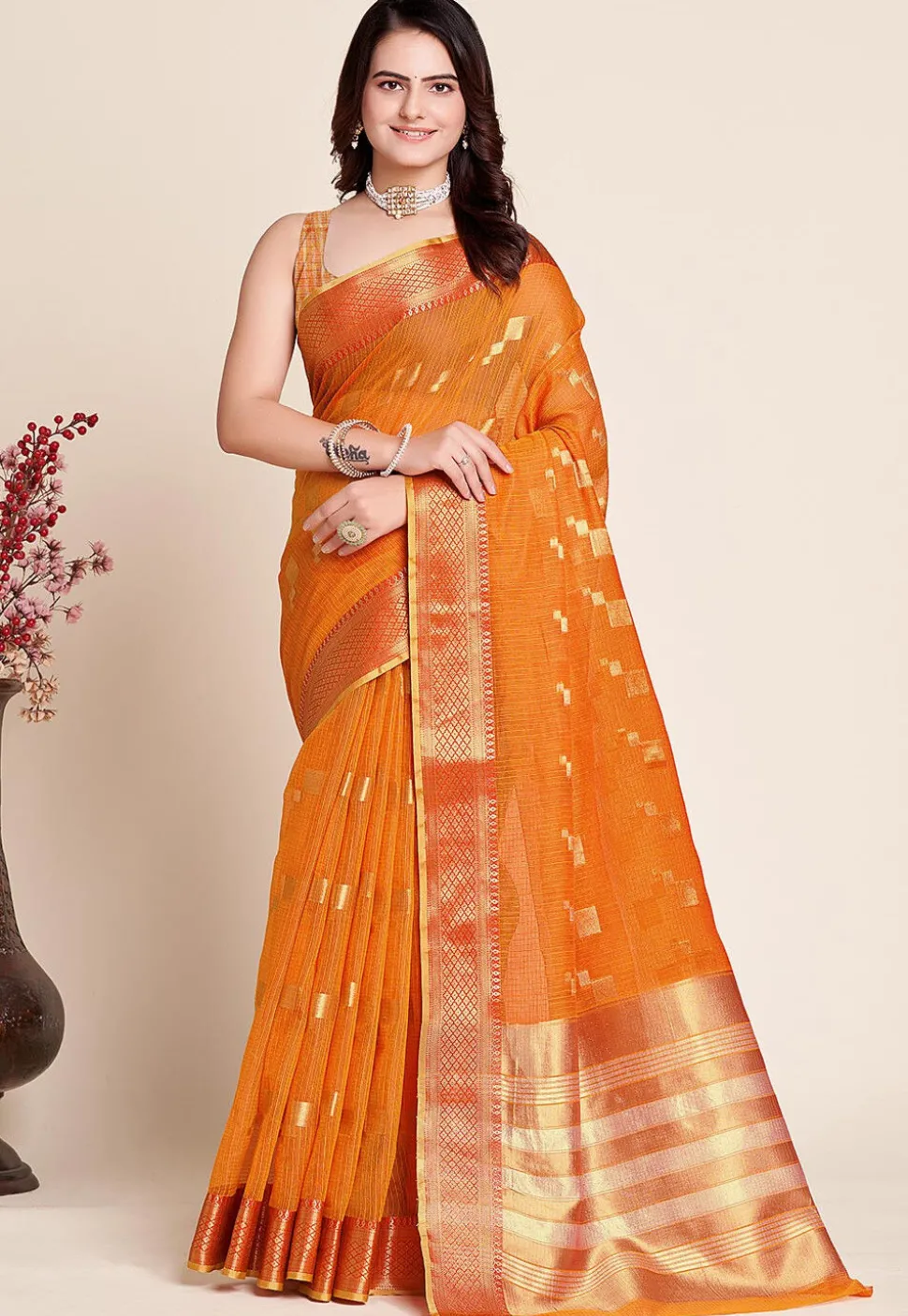 Woven Kota Doria Saree in Mustard