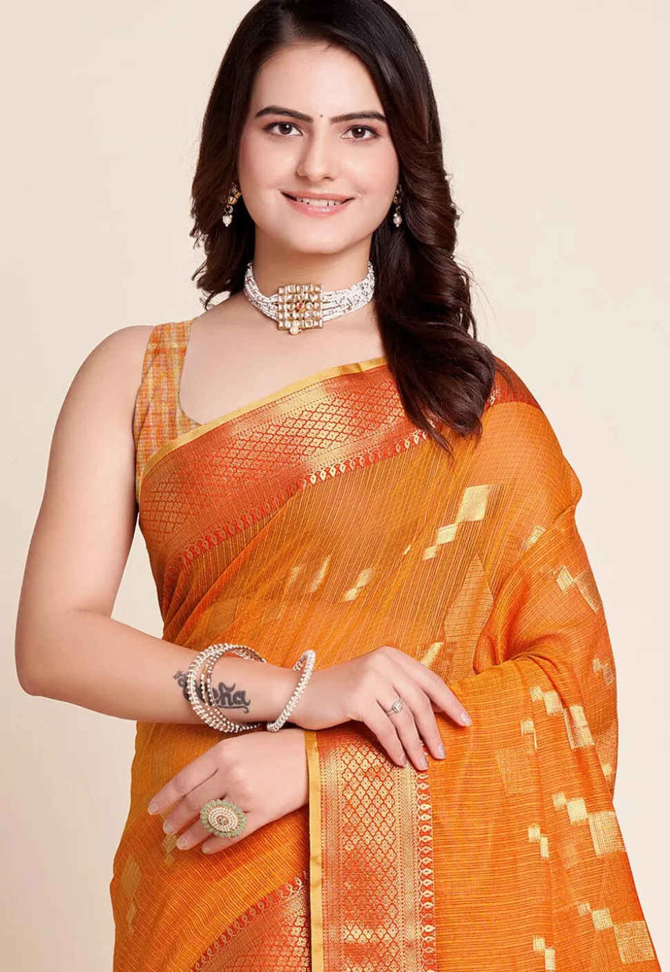 Woven Kota Doria Saree in Mustard