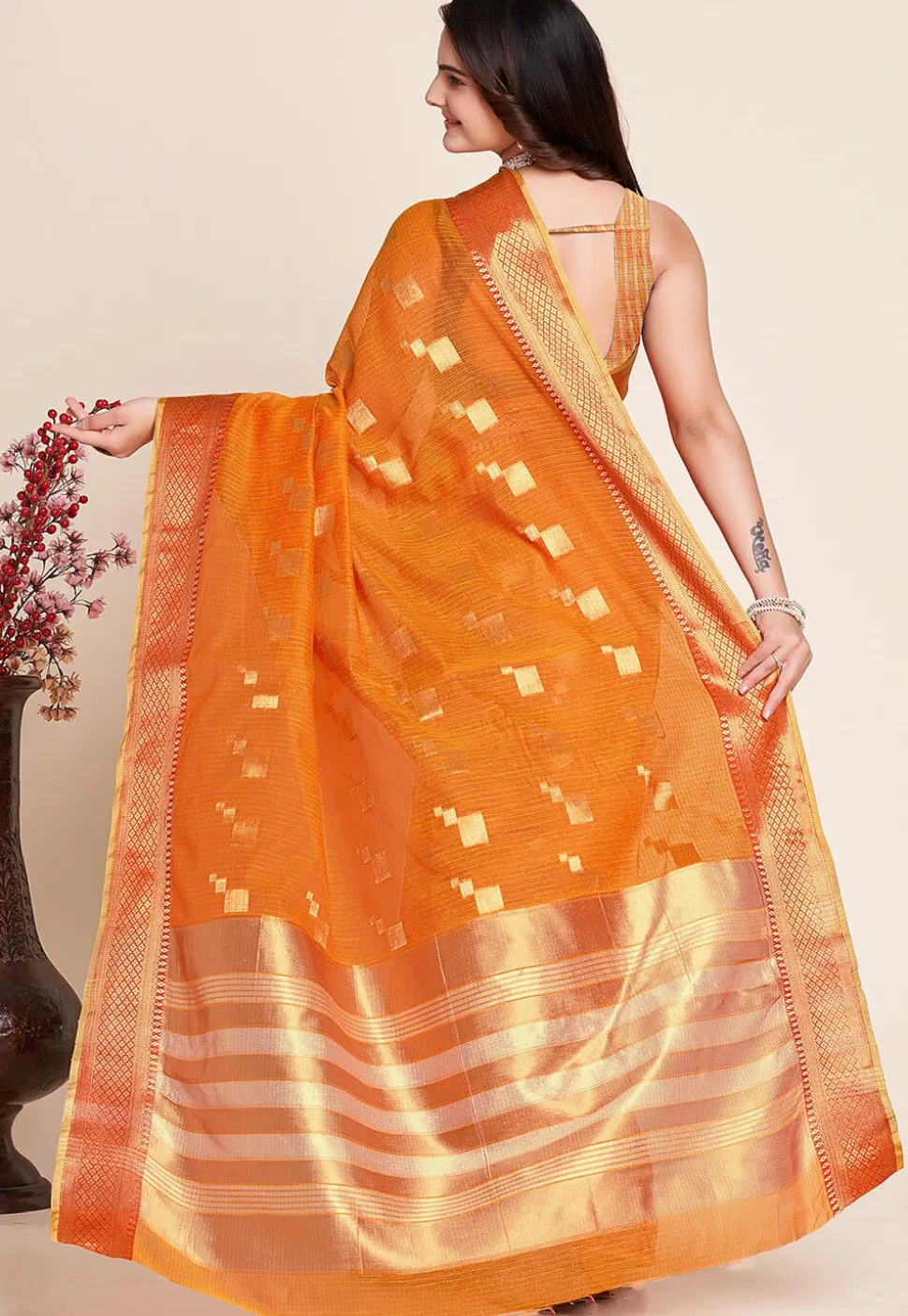 Woven Kota Doria Saree in Mustard