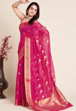 Woven Kota Doria Saree in Fuchsia