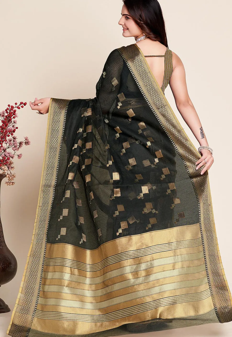 Woven Kota Doria Saree in Black