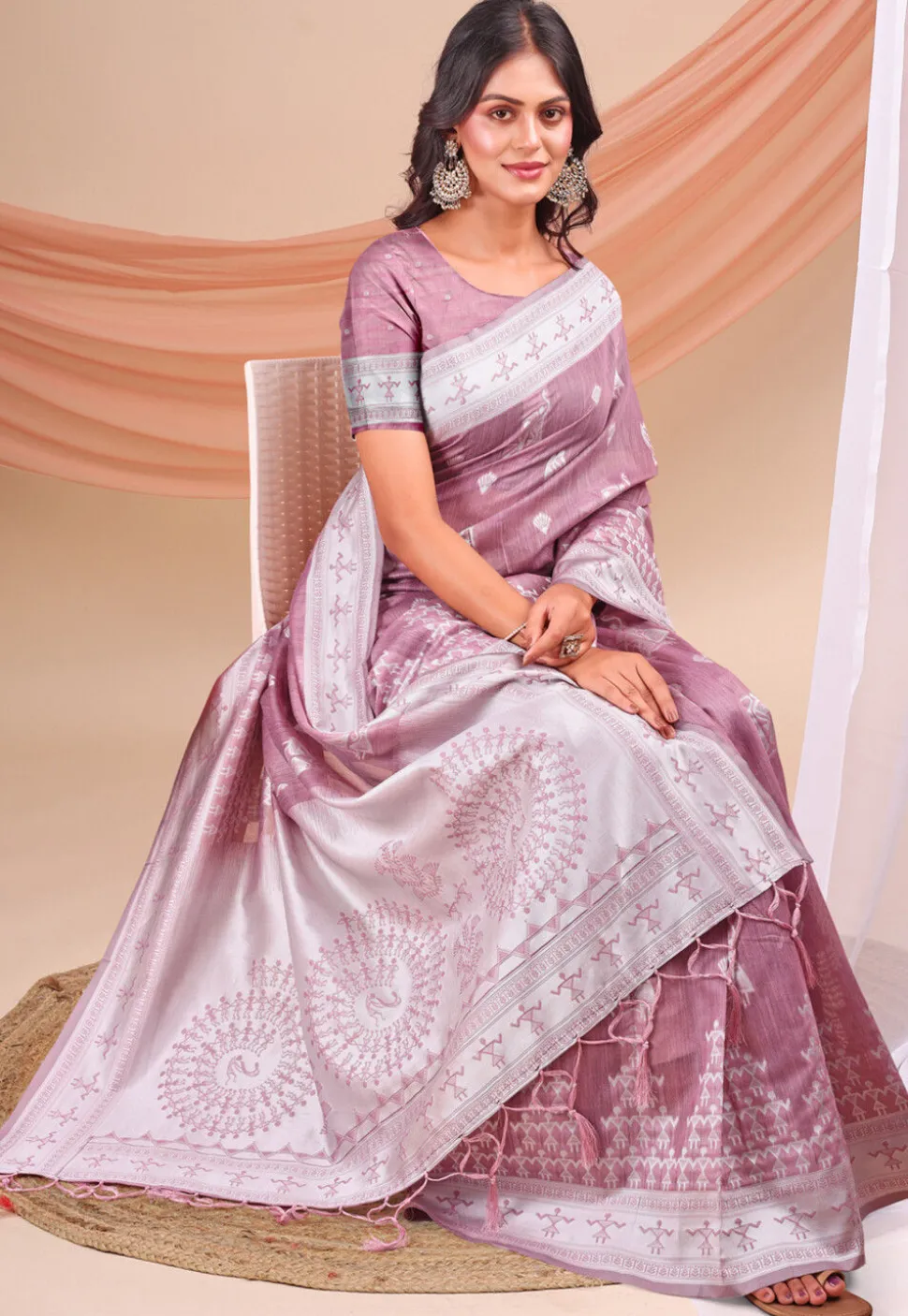 Woven Linen Cotton Saree in Purple