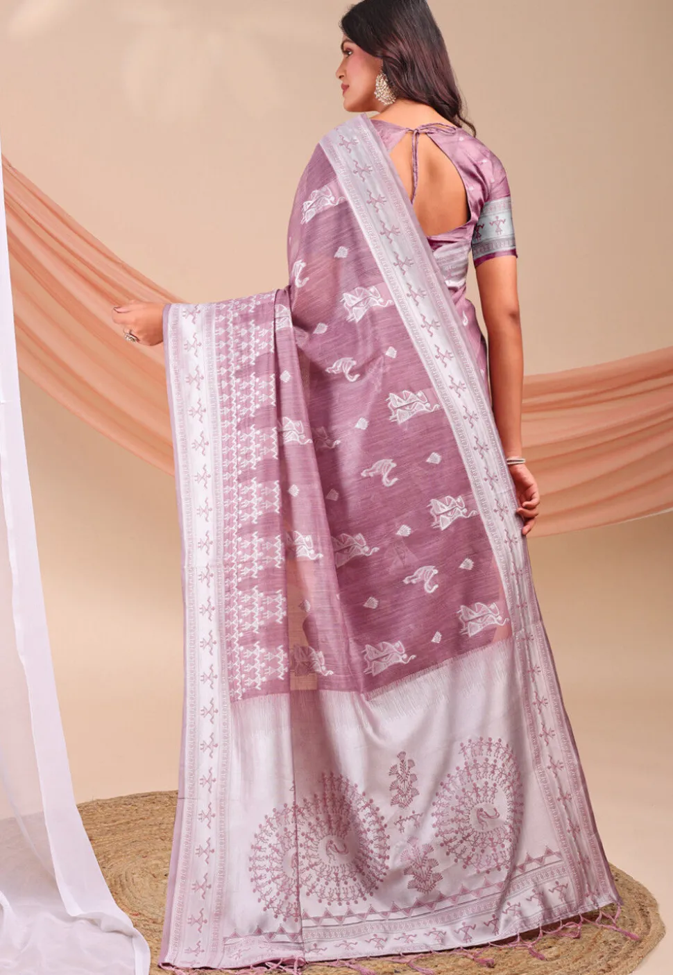 Woven Linen Cotton Saree in Purple