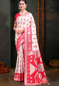 Woven Linen Cotton Saree in White
