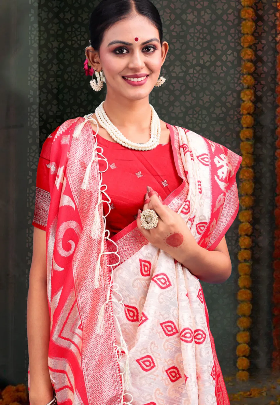 Woven Linen Cotton Saree in White