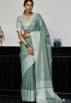 Woven Linen Cotton Saree in Sea Green