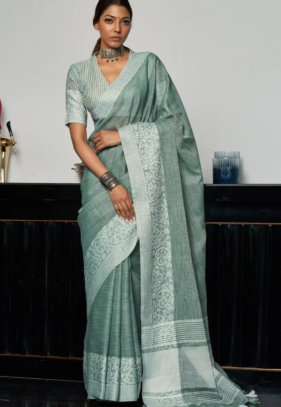 Woven Linen Cotton Saree in Sea Green