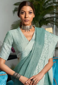 Woven Linen Cotton Saree in Sea Green