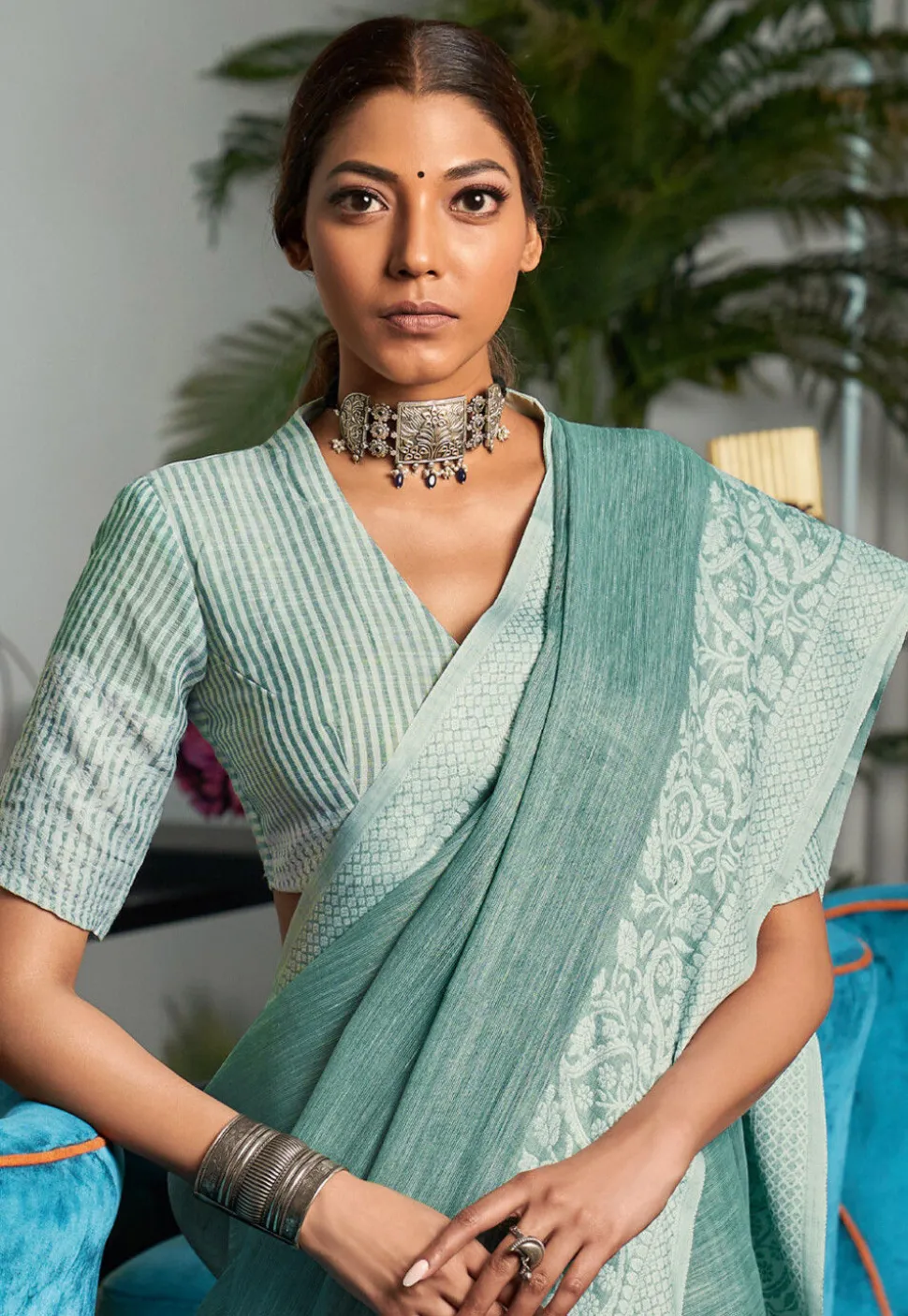 Woven Linen Cotton Saree in Sea Green