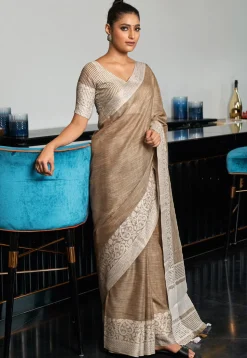 Woven Linen Cotton Saree in Beige