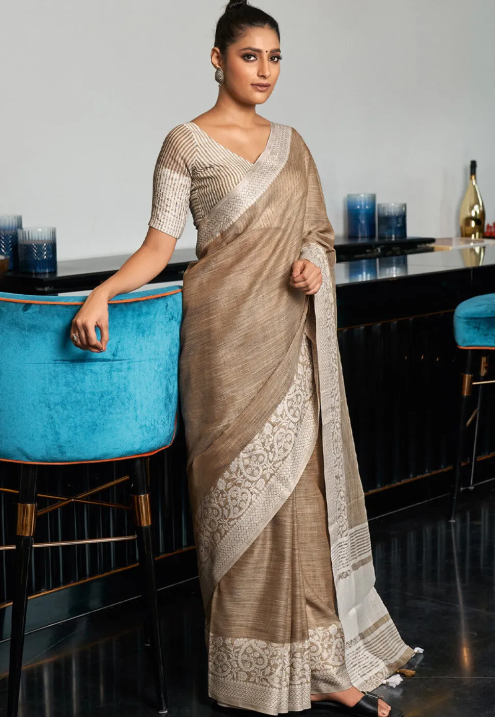 Woven Linen Cotton Saree in Beige