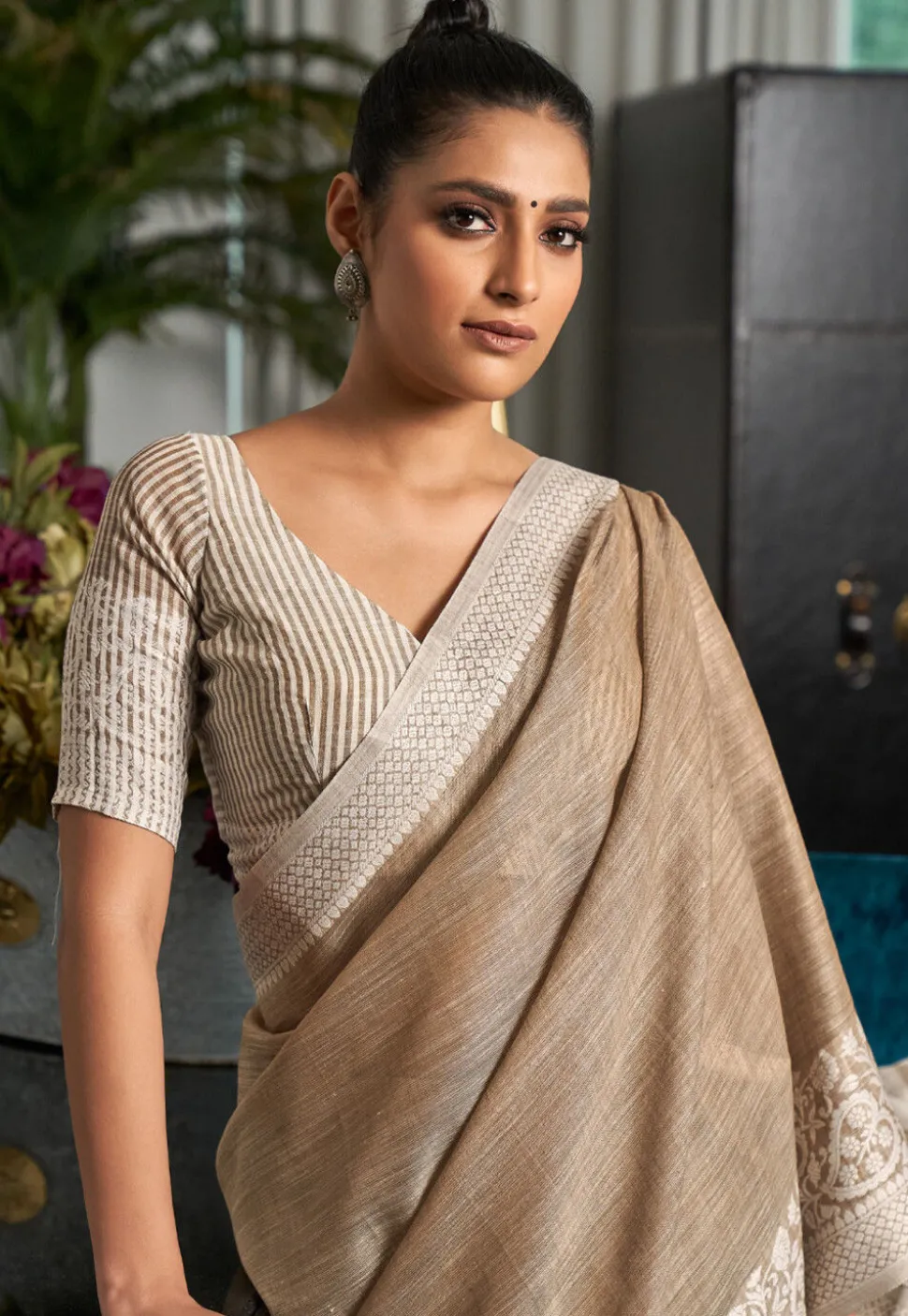 Woven Linen Cotton Saree in Beige