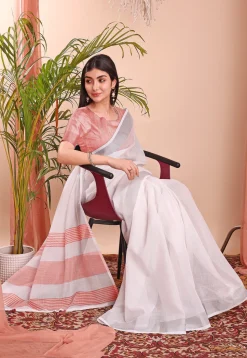 Woven Linen Cotton Saree in Off White