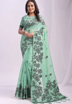 Woven Linen Cotton Saree in Light Green