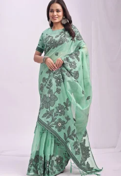Woven Linen Cotton Saree in Light Green