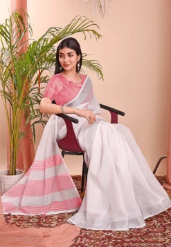 Woven Linen Cotton Saree in Off White