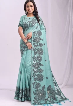 Woven Linen Cotton Saree in Light Blue
