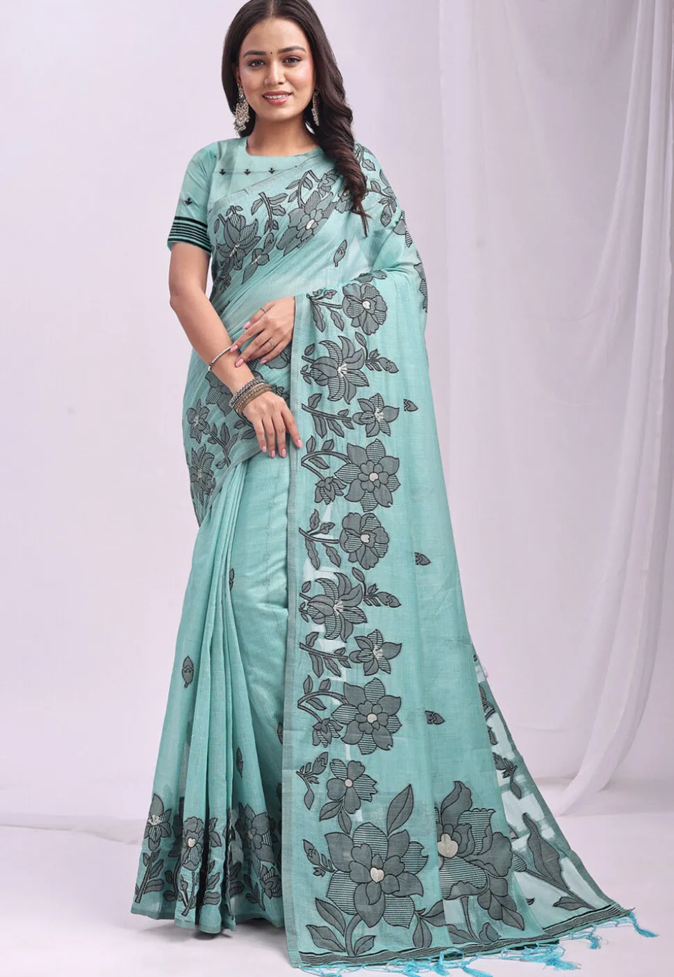 Woven Linen Cotton Saree in Light Blue