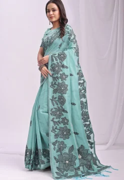 Woven Linen Cotton Saree in Light Blue