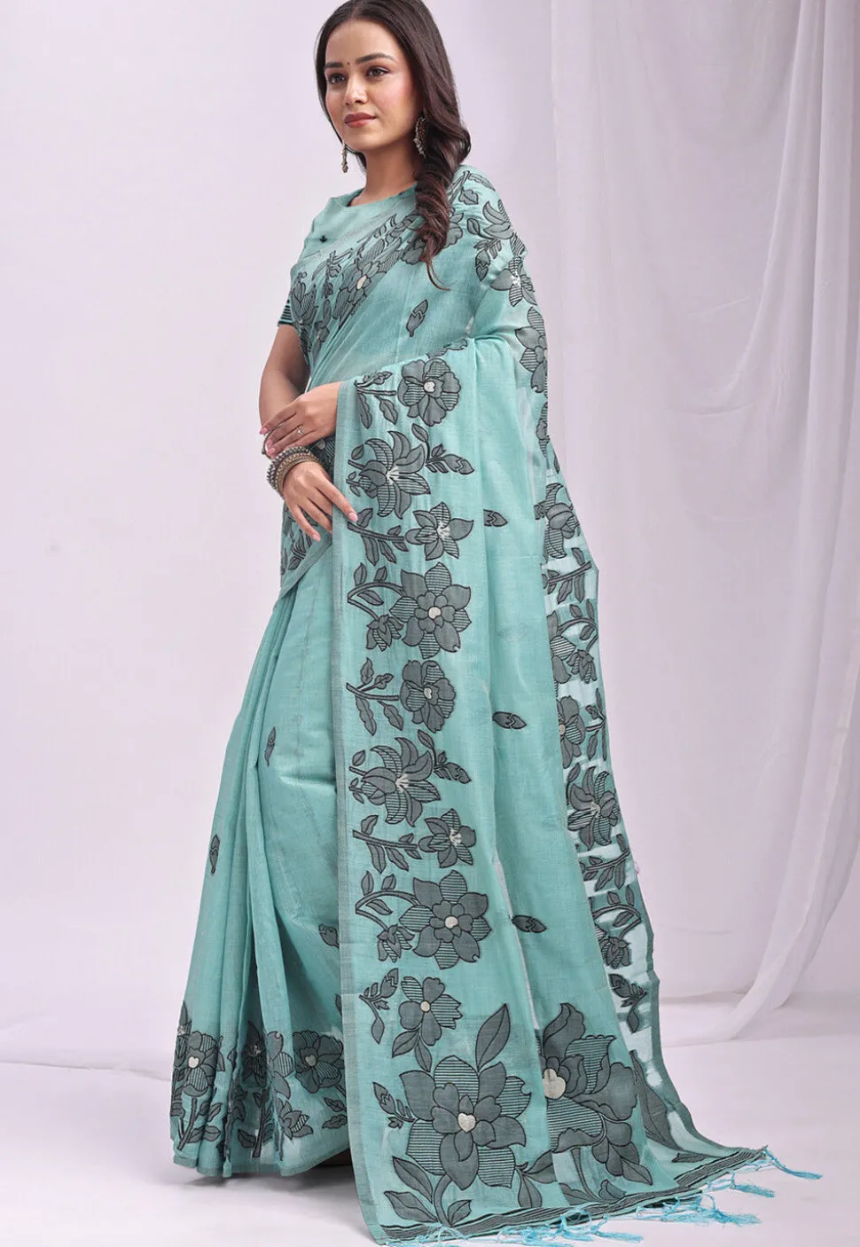Woven Linen Cotton Saree in Light Blue