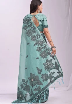 Woven Linen Cotton Saree in Light Blue