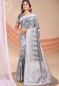 Woven Linen Cotton Saree in Grey