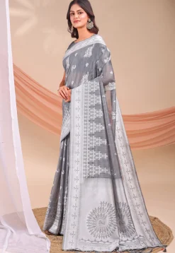 Woven Linen Cotton Saree in Grey