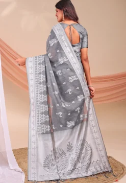 Woven Linen Cotton Saree in Grey