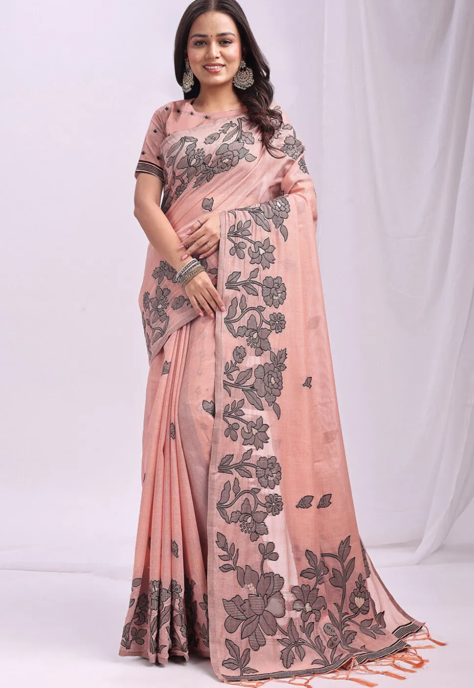Woven Linen Cotton Saree in Peach