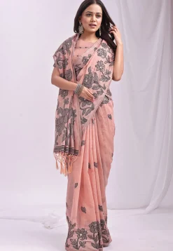 Woven Linen Cotton Saree in Peach