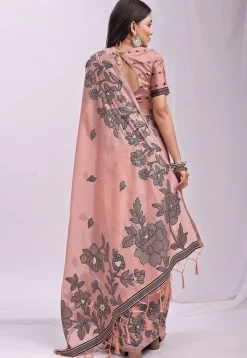 Woven Linen Cotton Saree in Peach