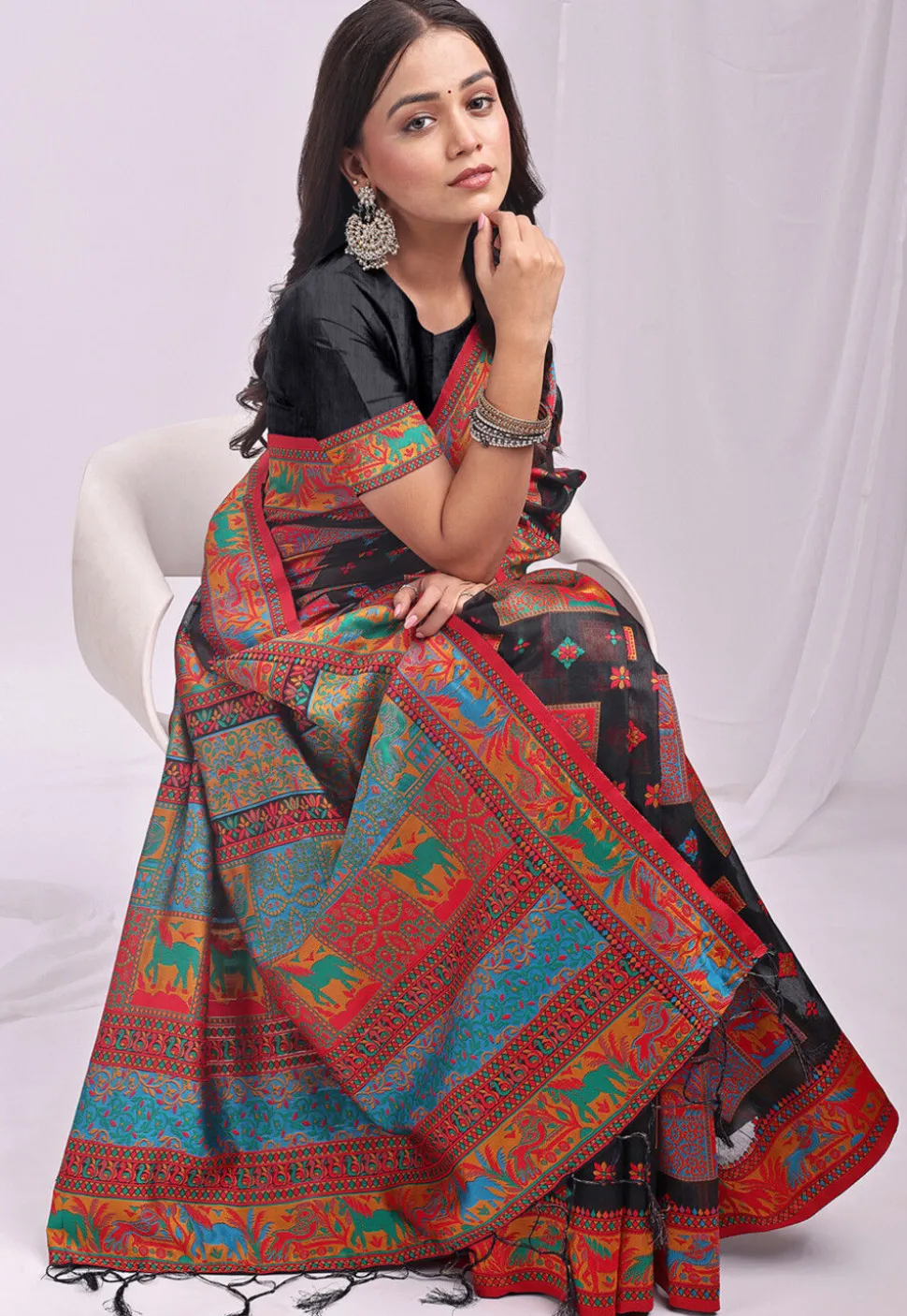 Woven Linen Cotton Saree in Black