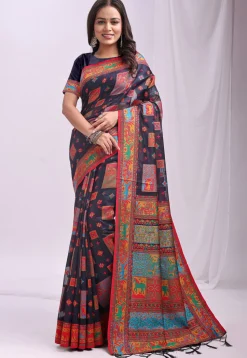Woven Linen Cotton Saree in Navy Blue