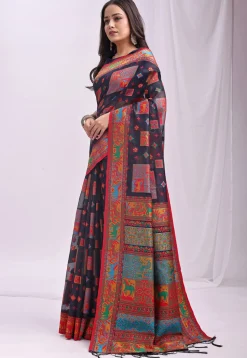 Woven Linen Cotton Saree in Navy Blue