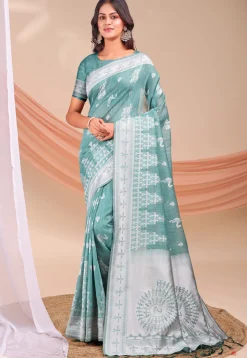 Woven Linen Cotton Saree in Light Teal Green
