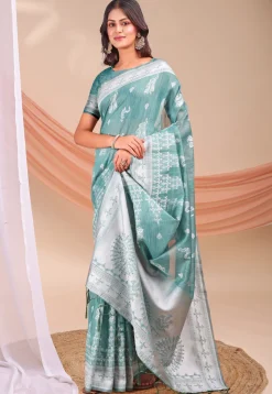 Woven Linen Cotton Saree in Light Teal Green
