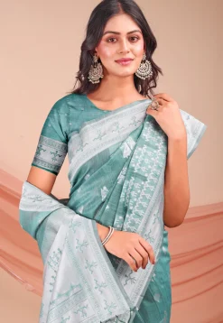 Woven Linen Cotton Saree in Light Teal Green