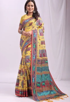Woven Linen Cotton Saree in Yellow