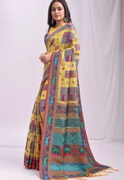 Woven Linen Cotton Saree in Yellow