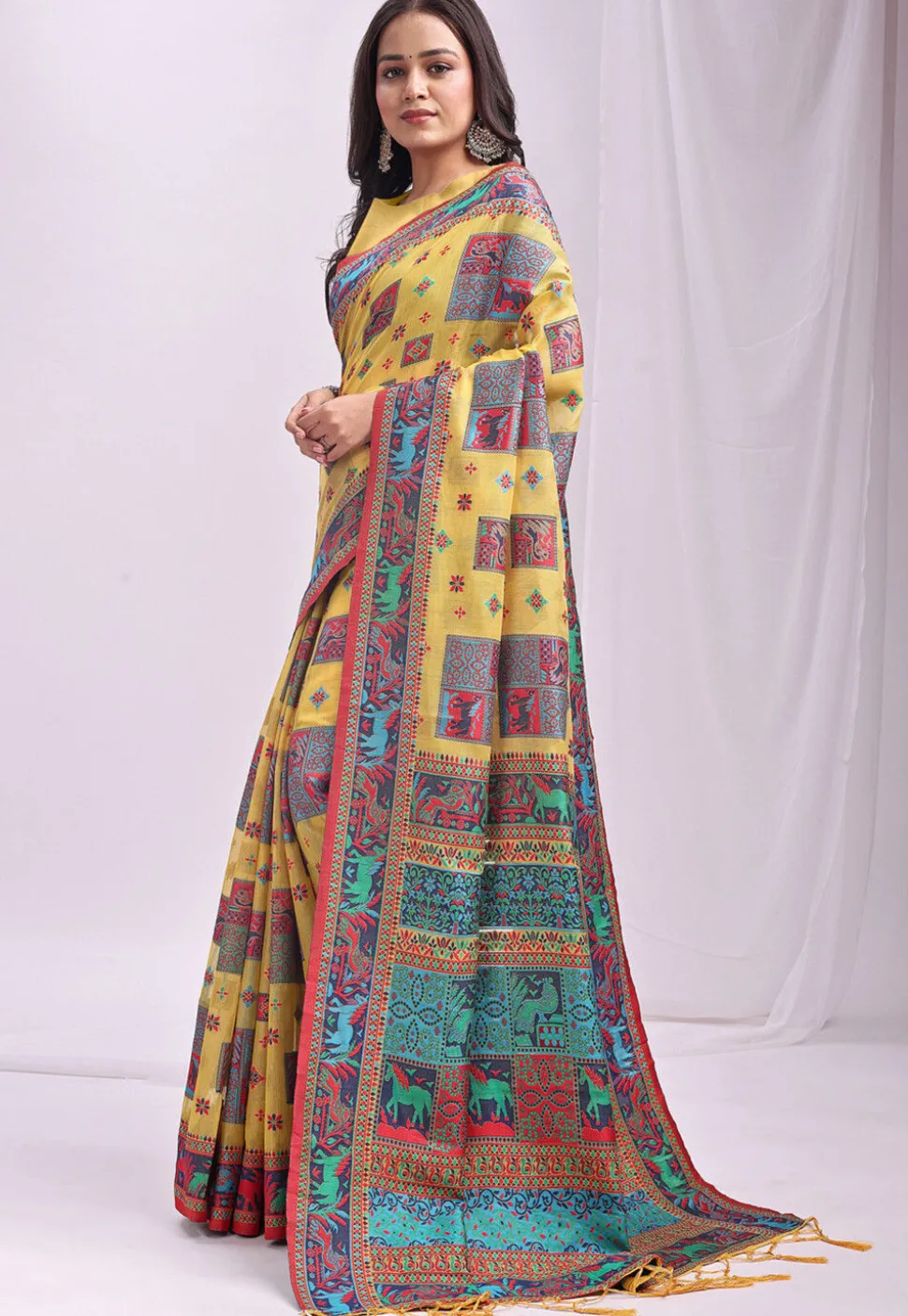 Woven Linen Cotton Saree in Yellow