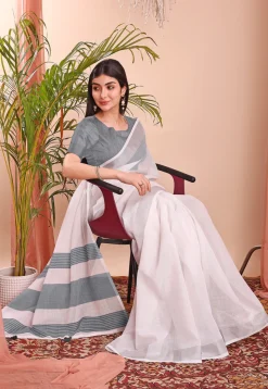 Woven Linen Cotton Saree in Off White