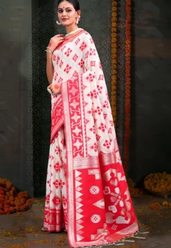Woven Linen Cotton Saree in White