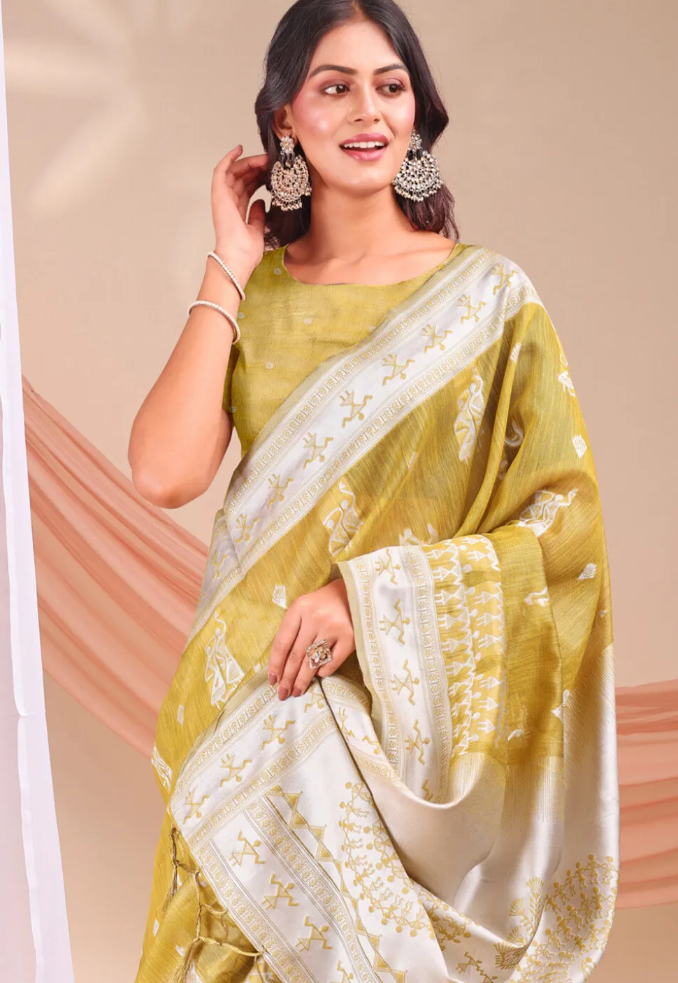 Woven Linen Cotton Saree in Olive Green